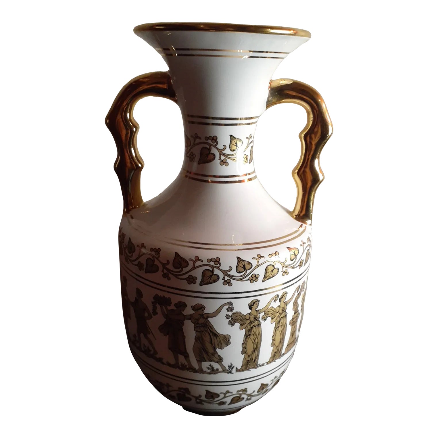 Vintage Neofitou Keramik 24k Gold Painted Dual Handle Vase, Made in