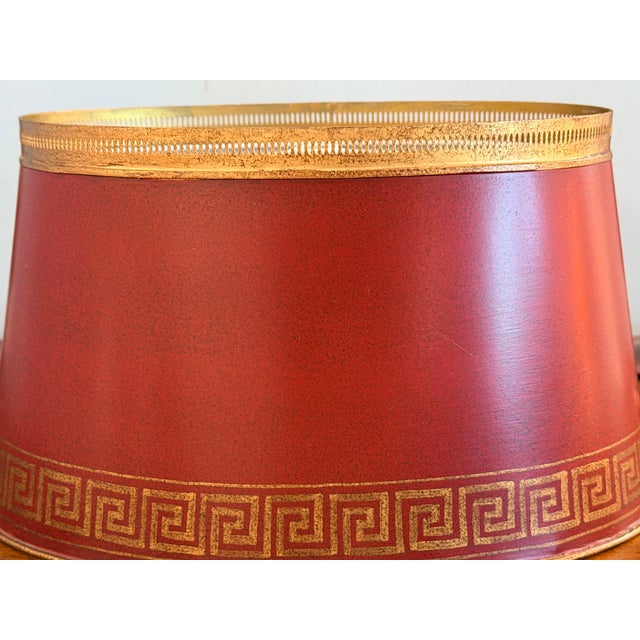 Red Elegant Red Chinoiserie Table Lamps With Red Tole Shades in the Style of John Rosselli, Pair For Sale - Image 8 of 12