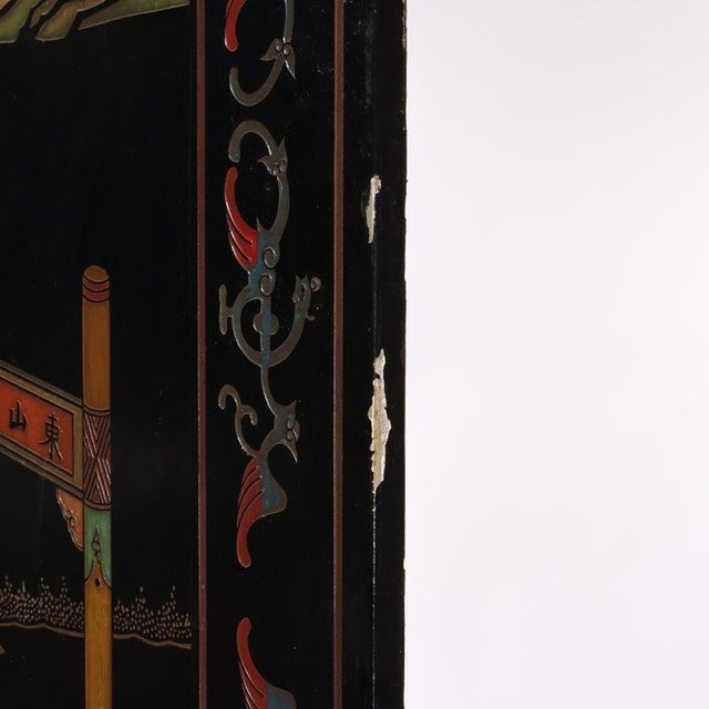 Antique Chinese Carved, Ebonized & Hand Painted Four-Panel Dressing Screen C1930 For Sale - Image 13 of 18