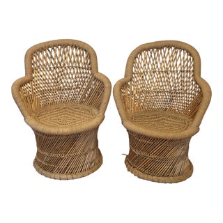 Boho Rattan 70s Inspired Chairs - A Pair For Sale