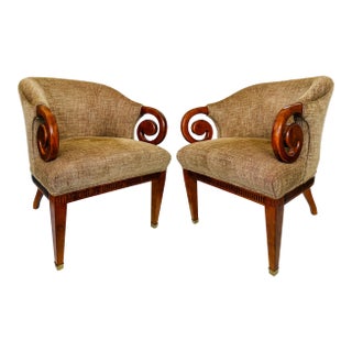 1960s Mid-Century Regency Style Upholstered Barrel Chairs With Scrolled Arms - A Pair For Sale