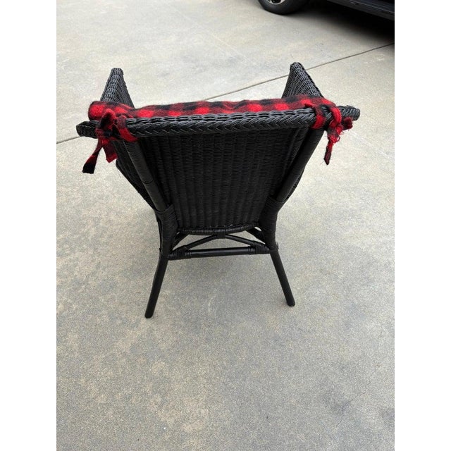 Black Wicker Chair W/ Buck Plaid Seat Cushions For Sale - Image 10 of 13