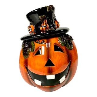 1990s Vintage Americana Boho Chic Halloween Jack-O-Lantern Ceramic Cookie Jar For Sale