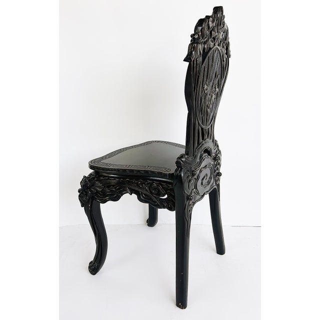 Early 20th Century Early 20th Century Chinese Heavily Carved Ebonized Chair With Art Nouveau Influence, Greek Key Trim For Sale - Image 5 of 15
