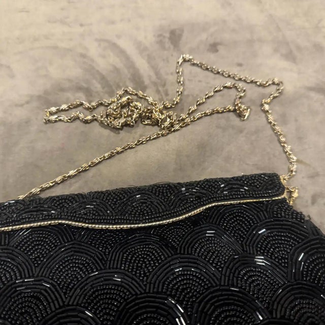 Metal 1940s High Quality Black Beads and Brass French Evening Bag For Sale - Image 7 of 18
