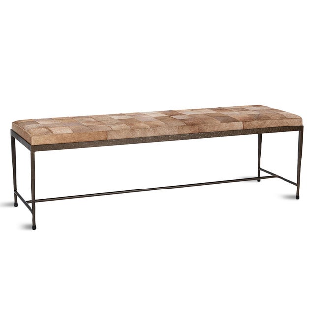 2020s Modern Farmhouse Tan Hide Patchwork Bench For Sale - Image 5 of 7