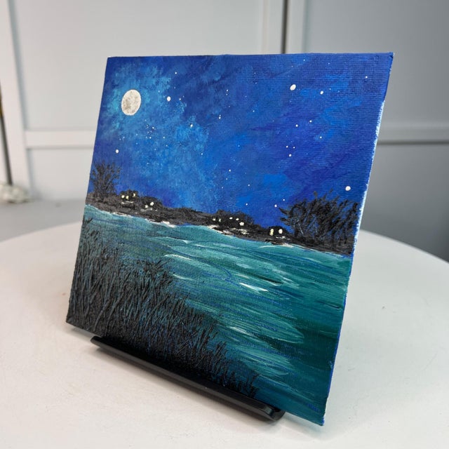 2020s Super Moon 6" X 6" Acrylic Painting Signed Full Moon & Night Sky Art Unframed For Sale - Image 5 of 7