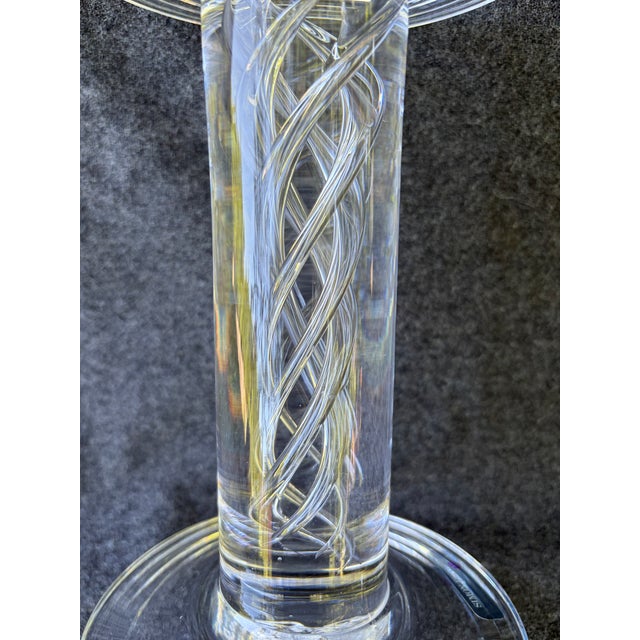 Vintage tall clear hand blown, striking air twist candle holder pedestal. Part of Simon Pearce’s signature Stratton Line....