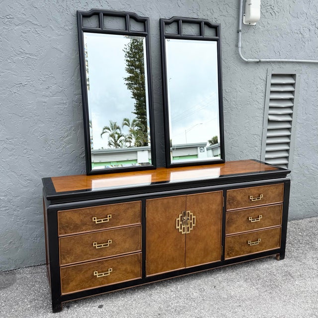 Mirrors each measure: 22.75”w, 1.5”d, 50”h This vintage Chinoiserie burl wood and black dresser by Century Furniture...