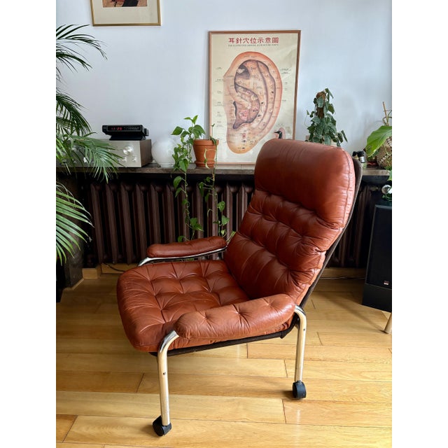Mid-Century Modern Leather Lounge Chair on Wheels, Sweden, 1970s For Sale - Image 3 of 12