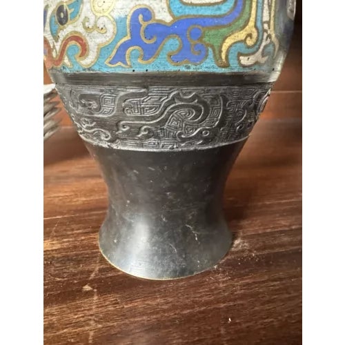 19th Century Japanese Bronze Cloisonne Vase With Handles For Sale - Image 4 of 11