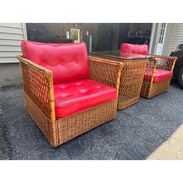 Pair of Vintage Rattan & Cane Cube Chairs With Matching Side Table For Sale - Image 11 of 18