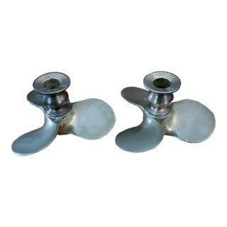 Pair of 1950s Brass Boat Propeller Candle Holders For Sale