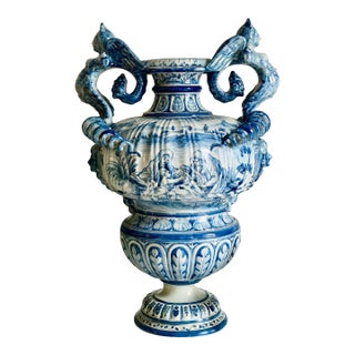 Large Vintage Cantagalli Italian Majolica Blue White Delft Style Pottery Vase Jar or Urn Serpent Handles 23"h For Sale