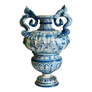 Large Vintage Cantagalli Italian Majolica Blue White Delft Style Pottery Vase Jar or Urn Serpent Handles 23"h