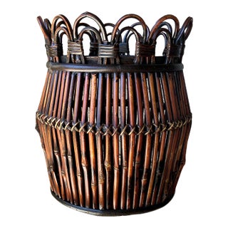 Late 20th-Century Handcrafted Pencil Bamboo "Looped Crown" Rim Cachepot / Planter Basket For Sale