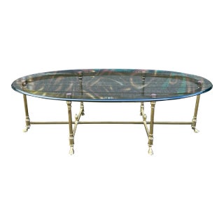 Large Racetrack Labarge Glass and Brass Oval Coffee Table For Sale