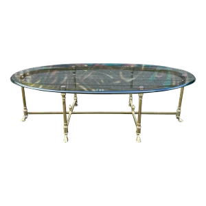 Large Racetrack Labarge Glass and Brass Oval Coffee Table