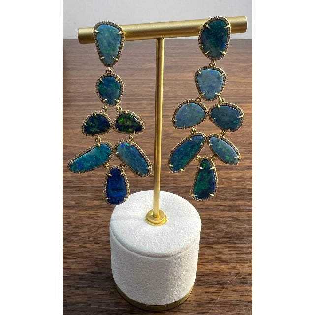 Metal Blue Opals Diamond Halo 18 Karat Yellow Gold Drop Statement Unique Earrings, A Pair For Sale - Image 7 of 11