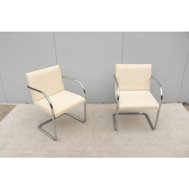 Gordon International Ludwig Mies Van Der Rohe Brno Tubular Chairs in Cream Fabric by Gordon - A Pair For Sale - Image 4 of 18