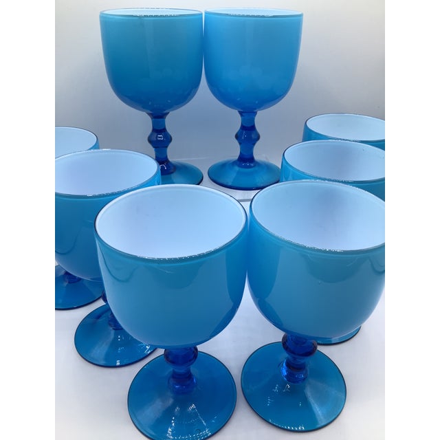 1960s Vintage Carlo Moretti Italy Blue White Cased Murano Glass Wine Water Glasses - Set of 8 For Sale - Image 5 of 7