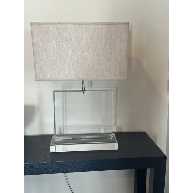 Transparent Designer Modern Acrylic Block Table Lamp With Rectangular Fabric Shade – Minimalist Elegance For Sale - Image 8 of 8