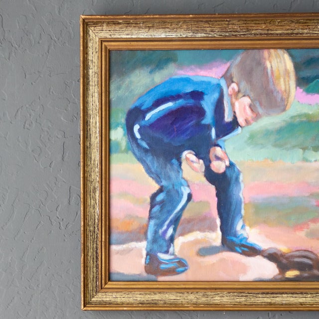 Wood Bright Impressionist Oil Painting by Oregon Artist Boy Meets Squirrel For Sale - Image 7 of 10