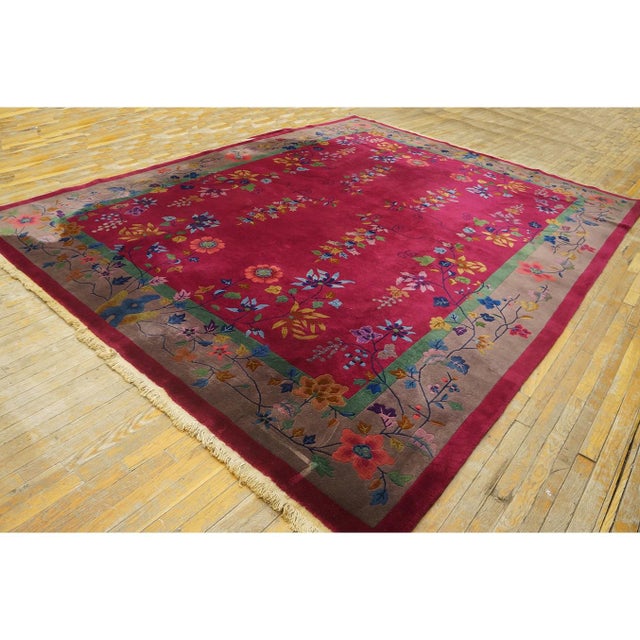1920s 1920s Ruby Red Floral Vase Antique Chinese Art Deco Knotted Wool Rug 9' X 11'9" For Sale - Image 5 of 10