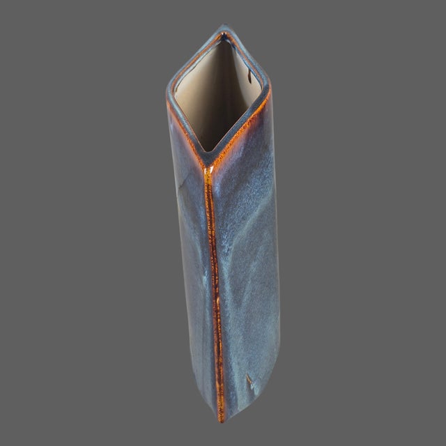 Mid-Century Modern Glazed Pottery Unusual Form Blue Vase For Sale - Image 4 of 8