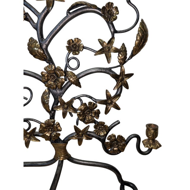 Mid-20th Century Hand-Forged Wrought Iron Candelabra With Applied Cast Brass Botanical Details For Sale In Raleigh - Image 6 of 11