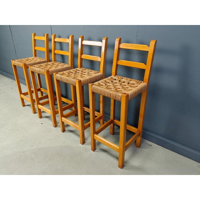 Vintage Oak and Papercord Bar Stools, 1960s, Set of 4 For Sale - Image 9 of 15