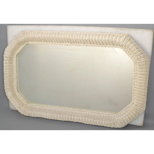 Mid-Century Modern Bohemian chic octagonal shaped handwoven pencil reed and wicker wall mirror in Shabby Chic distressed...