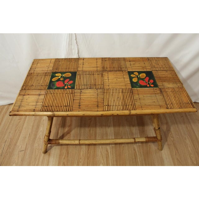 Coffee Table in Rattan and Ceramic by Audoux Minet for Vallauris, 1960s, in Very Good conditions. Designed 1960 to 1969 I...