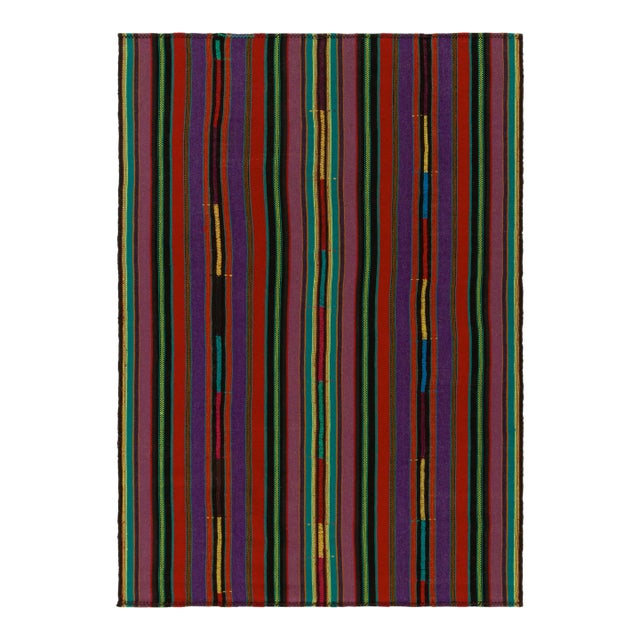 1950s Vintage Chaput Kilim Style in Red, Purple, Green Stripe Patterns For Sale