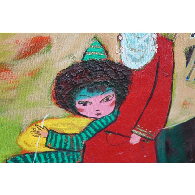 Infused with bold color and narrative charm, this original oil on canvas painting offers a modern interpretation of folk...