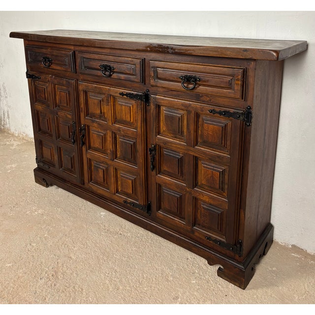 1930s Spanish Rustic Oak Sideboard with Paneled Doors and Iron Hardware, 1930s For Sale - Image 5 of 11