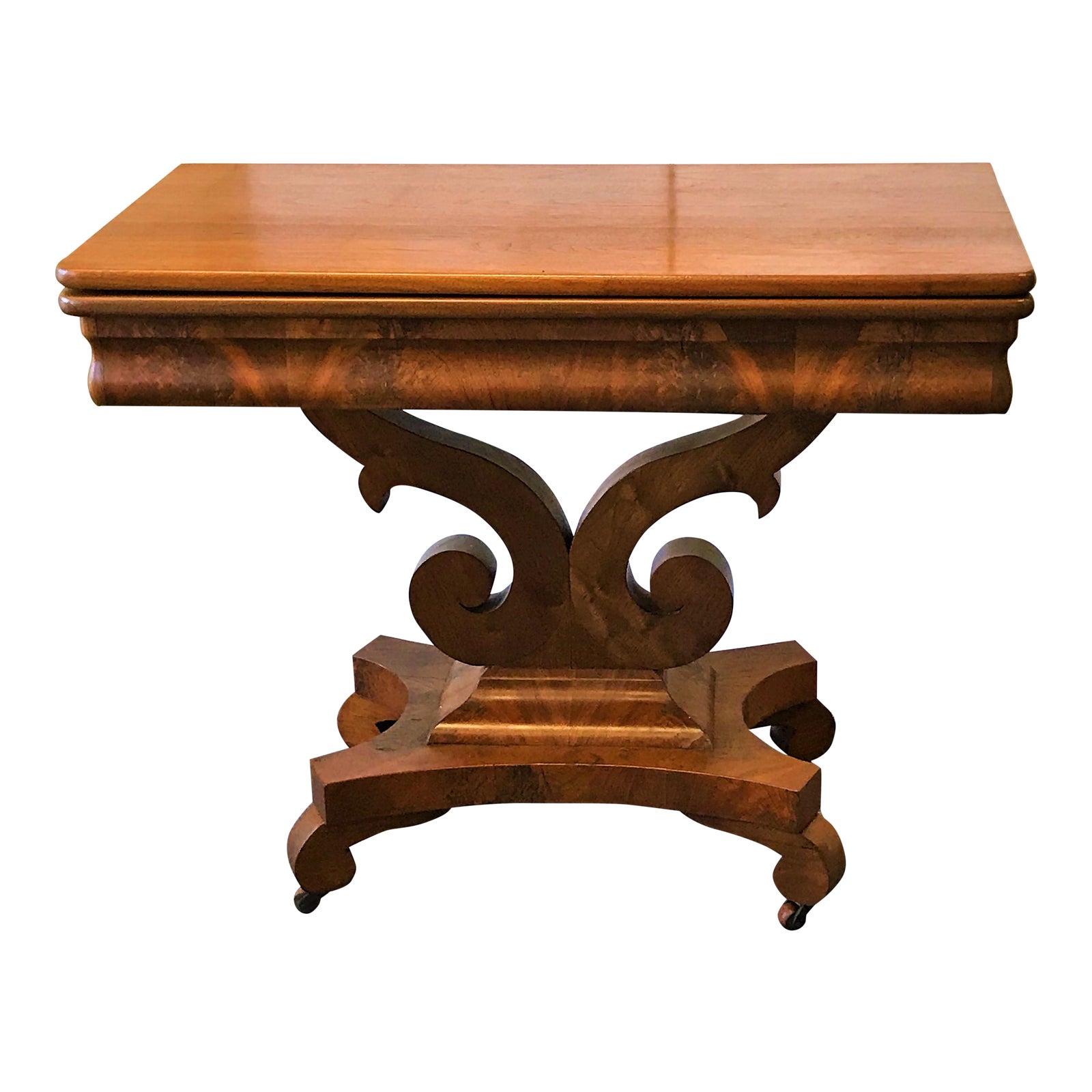 Antique Empire Era Burl Mahogany Swivel Top Game Table With Storage