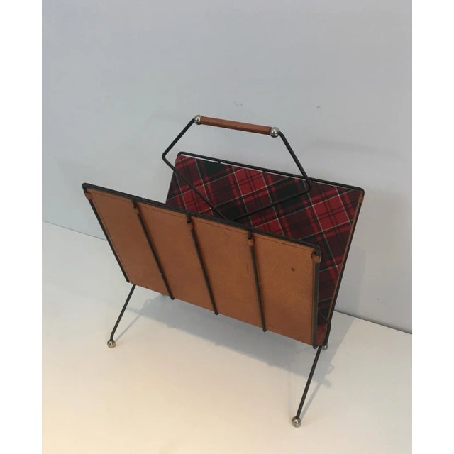1950s Black Lacquered Metal, Leather and Plaid Fabric Magazine Rack For Sale - Image 5 of 13