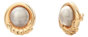 14k Yellow Gold Scroll Design Mabe Pearl Vintage Earrings