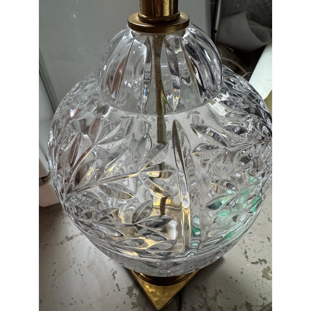 Hollywood Regency Vintage Cut Crystal & Brass Greek Key Table Lamps - a Pair For Sale - Image 3 of 12