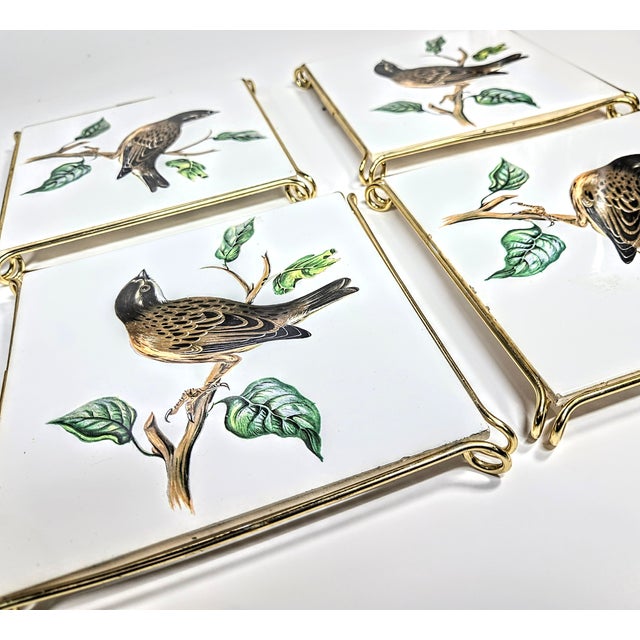 Metal Gold Framed Bird Tile Trivets- Set of Four For Sale - Image 7 of 9