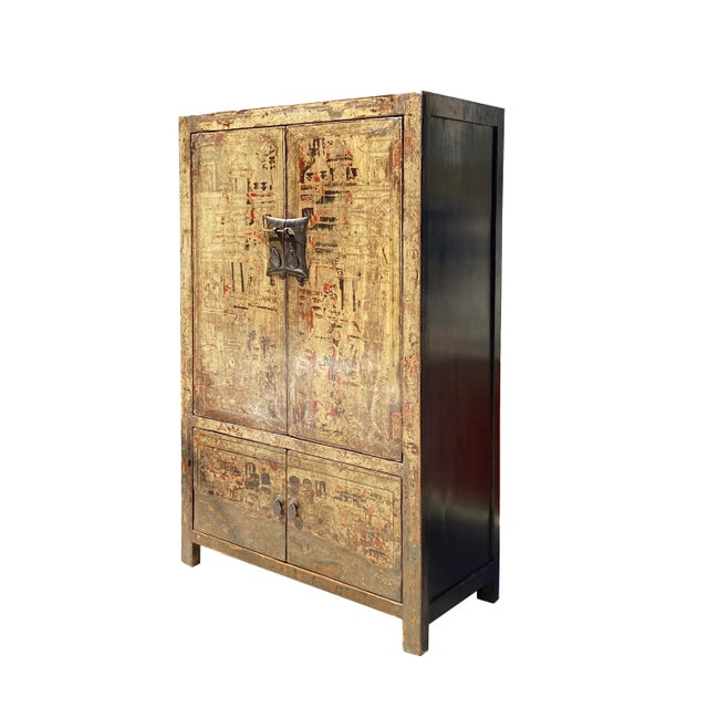 Chinese Distressed Sorrell Brown Graphic Tv Dressing Storage Cabinet For Sale - Image 4 of 7