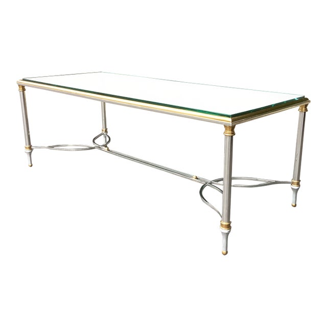 Vintage Maison Jansen Style Steel and Brass Glass Top Coffee Table For Sale