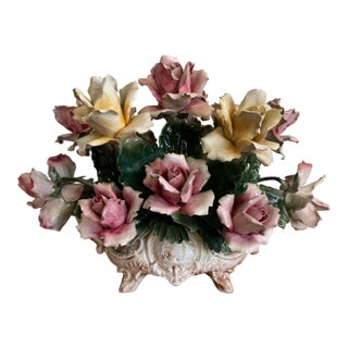 1960's Capodimonte Italian Porcelain Rose Flower Basket Centerpiece, Footed Rococo Floral Bouquet Sculpture For Sale