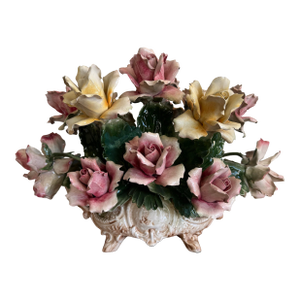 1960's Capodimonte Italian Porcelain Rose Flower Basket Centerpiece, Footed Rococo Floral Bouquet Sculpture