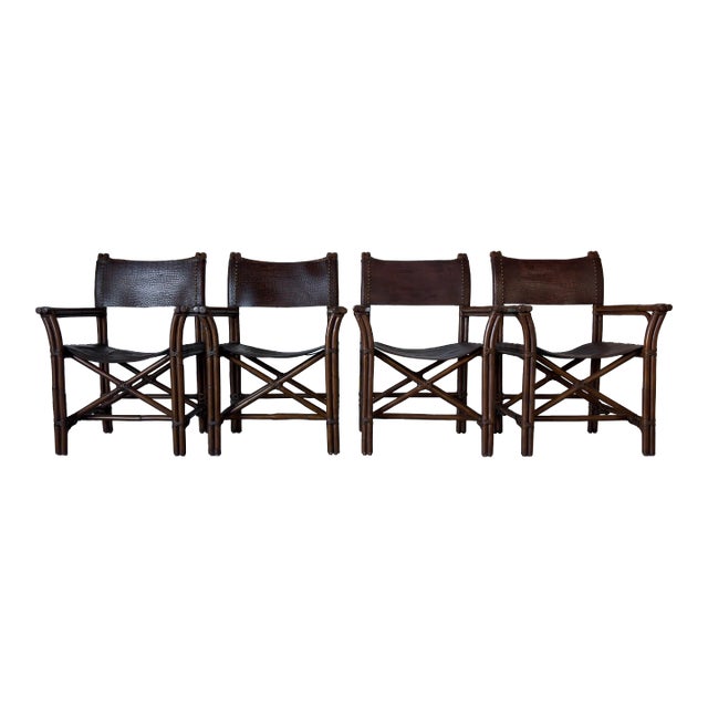 Vintage McGuire-Style Rattan and Faux Crocodile Leather Dining Chairs – Set of 4 For Sale