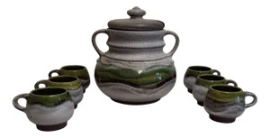 German Green-Gray Fat Lava Glazed Ceramic Bowls, 1970s, Set of 7