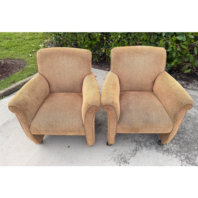 Vintage Postmodern Rolled Arm Club Chairs With Brass Ball Casters, a Pair For Sale - Image 10 of 12