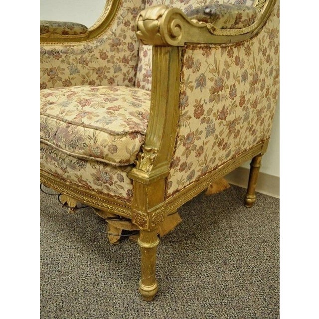 Late 19th Century Antique French Louis XVI Victorian Gold Gilt Wood Wing Back Bergere Arm Chair For Sale - Image 5 of 10