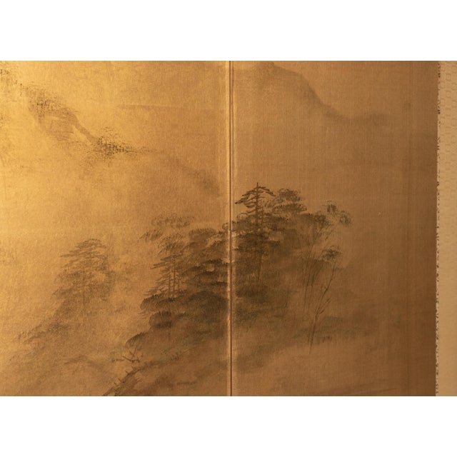 1960s Shōwa Era Japanese Byobu Screen "Landscape With Bridge" on Gold Background For Sale - Image 12 of 18